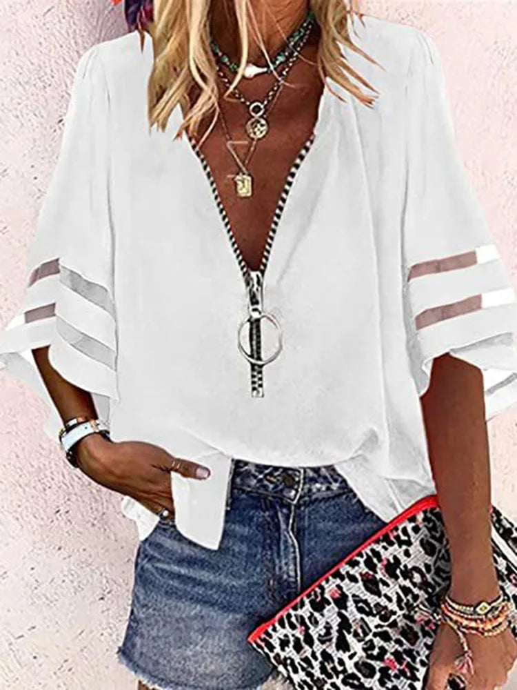 Women Elegant Lace Patchwork Flared Sleeve V-Neck Zipper White Blouse