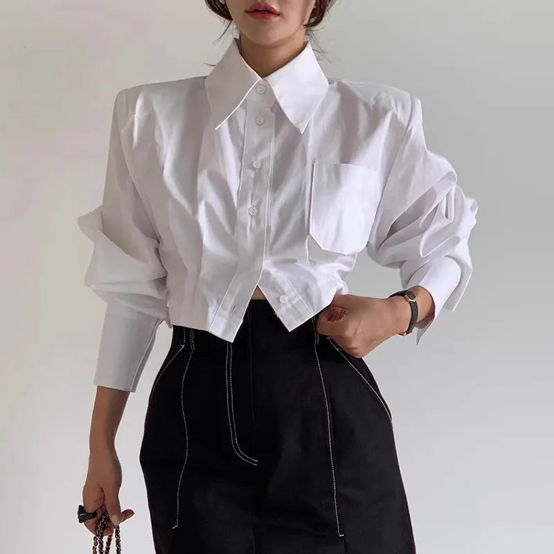 Women Turn-down Collar Long Sleeve Shirts Solid Colors Hollow Out Blouse Fashion Lady Elegant Button Tops