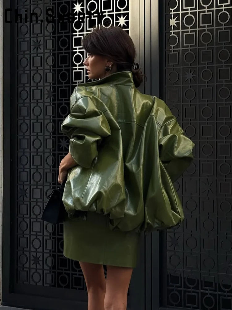 Women's Vintage Green Leather Jacket Skirt Set Full Sleeve Zipper Locomotive Coat Hip Package Long Skirts Autumn Outfits