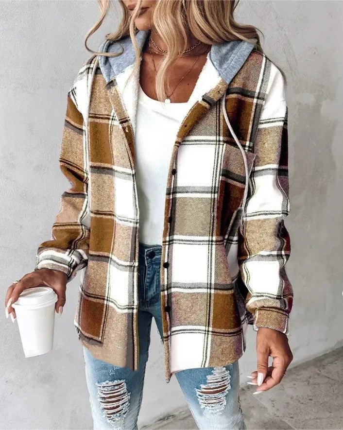 Women's Autumn Large Plaid Style Hooded Jacket With  Casual Loose Black White Plaid Coat Button Fall Top