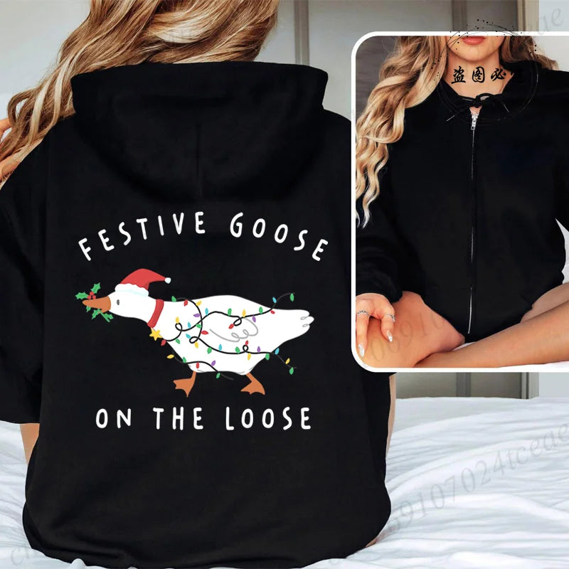 Women Men Oversize Merry Christmas Reindeer Print Zipper Hoodies Coat Tops Femme Zip Sweatshirts Christmas Party Jackets