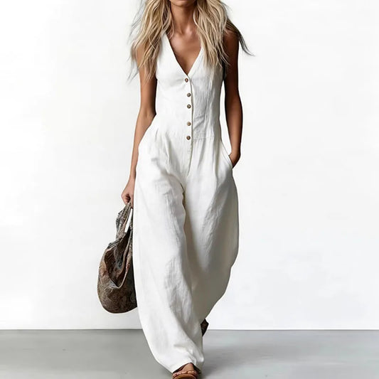 Women's Spring Casual Rompers Pocket Wide Leg Jumpsuit V Neck Button Summer Sleeveless Vacation Beach Overalls