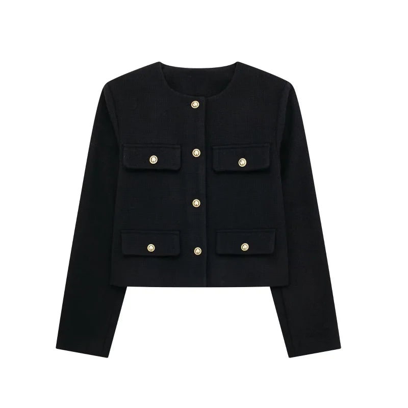 Women's Autumn/Winter Vintage Jackets crew neck gold button flip pocket embellishment short coat