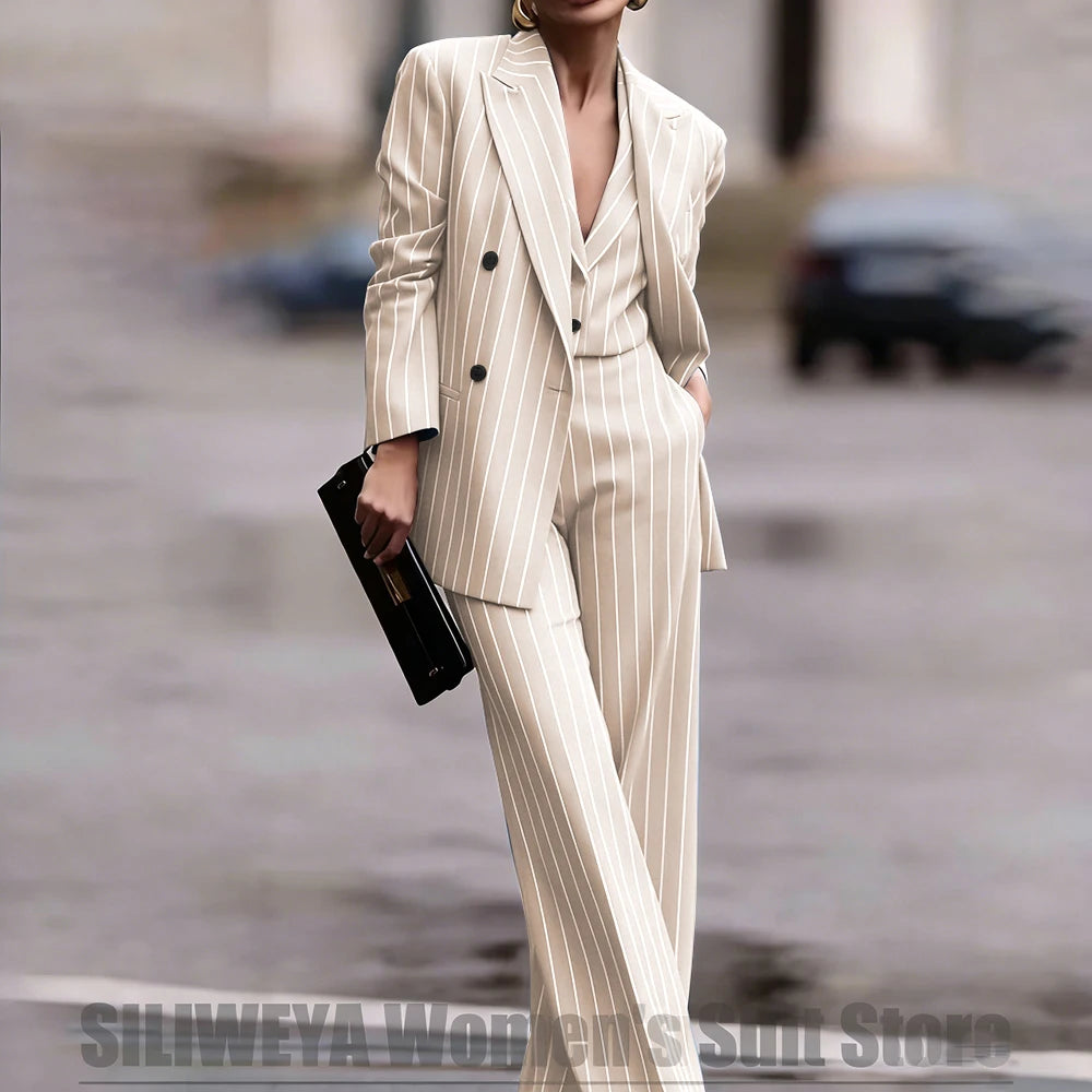 Navy Women's Double Breasted Striped 3 Piece Suits Blazer Vest Wide-Leg Pants Set Fashion Formal Party Office Casual Outfit