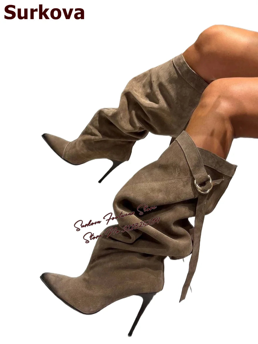 Womens Coffee Brown Suede Slouchy Knee High Boots Band Metal Ring Buckles Folded Boots Black Stiletto Heels Pointed Toe Shoes