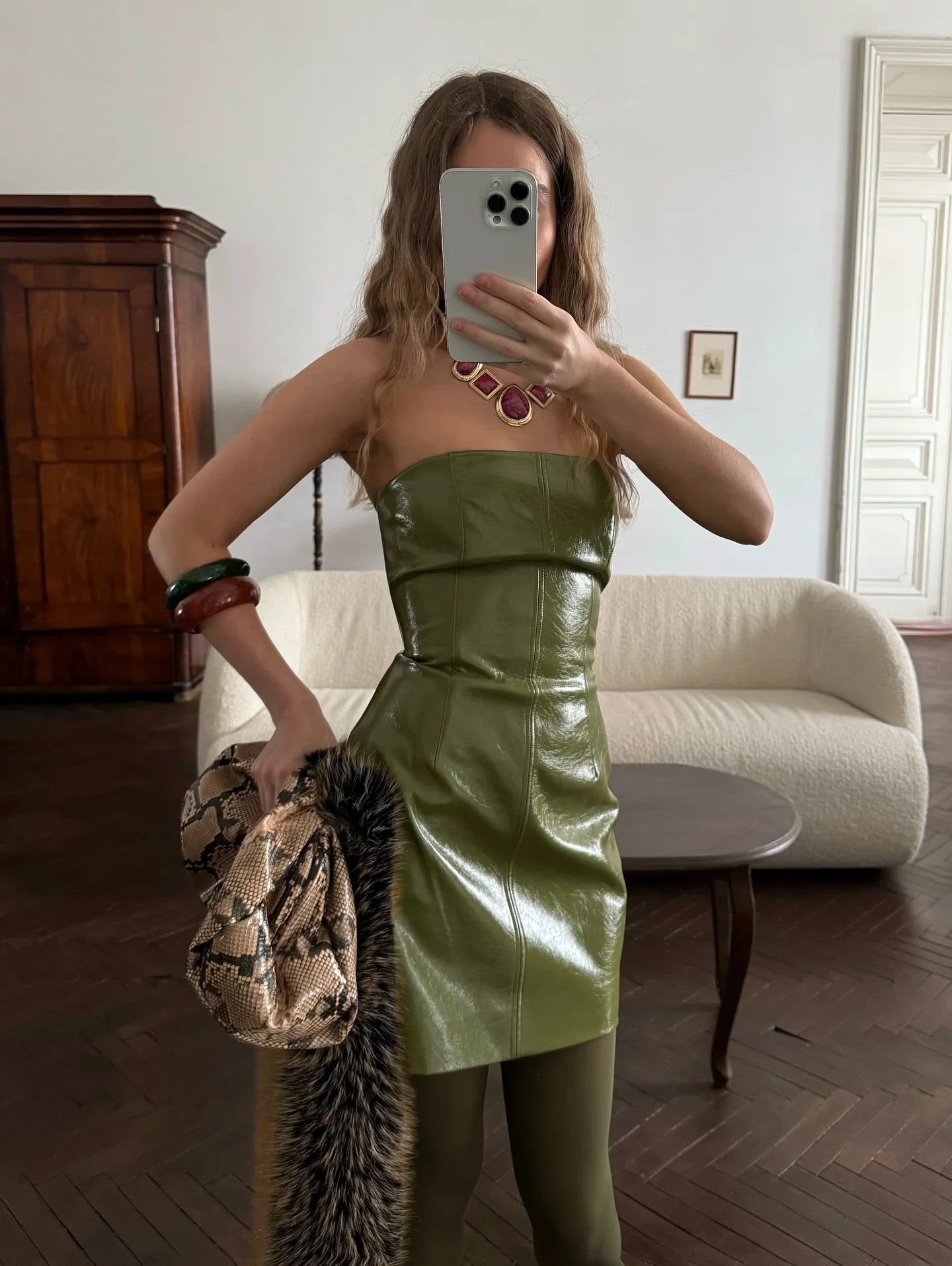 Women's Vintage Green Leather Jacket Skirt Set Full Sleeve Zipper Locomotive Coat Hip Package Long Skirts Autumn Outfits