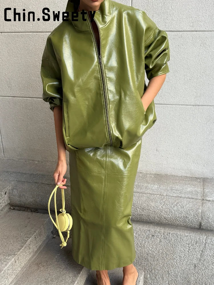 Women's Vintage Green Leather Jacket Skirt Set Full Sleeve Zipper Locomotive Coat Hip Package Long Skirts Autumn Outfits