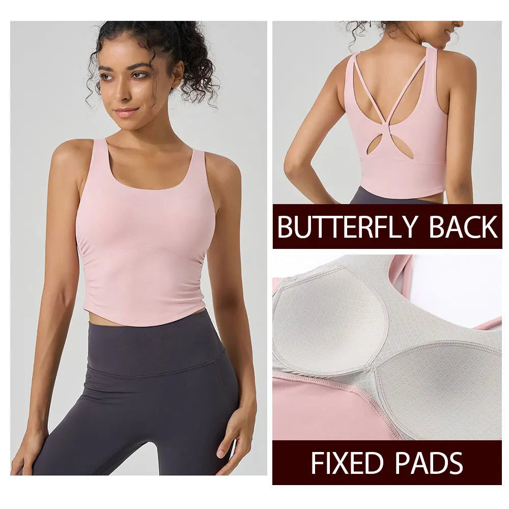 Women's Fixed Cup Yoga Sports Bra Crisscross Back Rushed Waist Workout Tank Top for Pilates, Gym, Outdoor Fitness