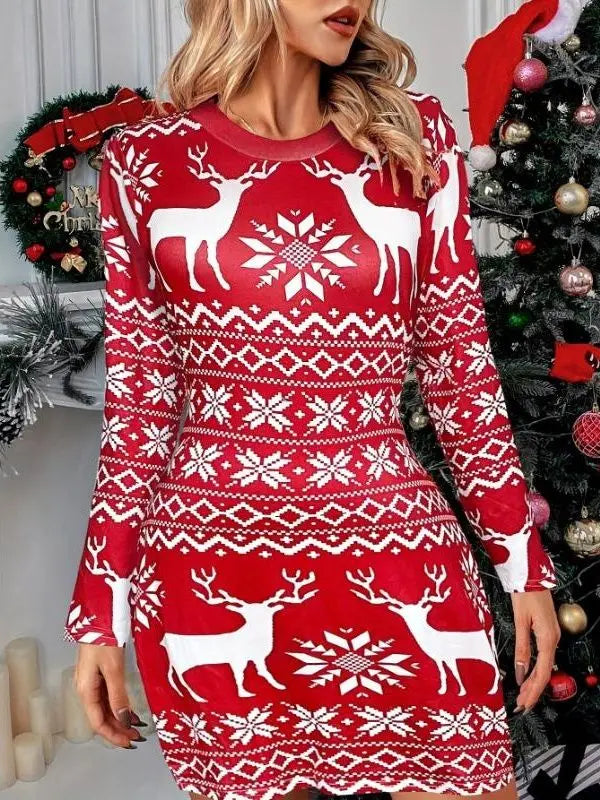 Women's Black White Snowflake Deer Pattern Dress Autumn Winter Long Sleeve Bodycon Mini Dress Elegant Red Christmas Dresses