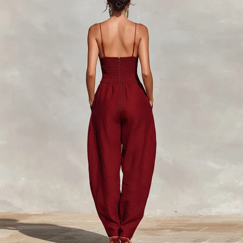 Women's 2026 Solid Sleeveless Jumpsuit Spaghetti Strap V Neck High Waist Loose Leg Overalls Holiday Backless With Pockets Jumpsuit