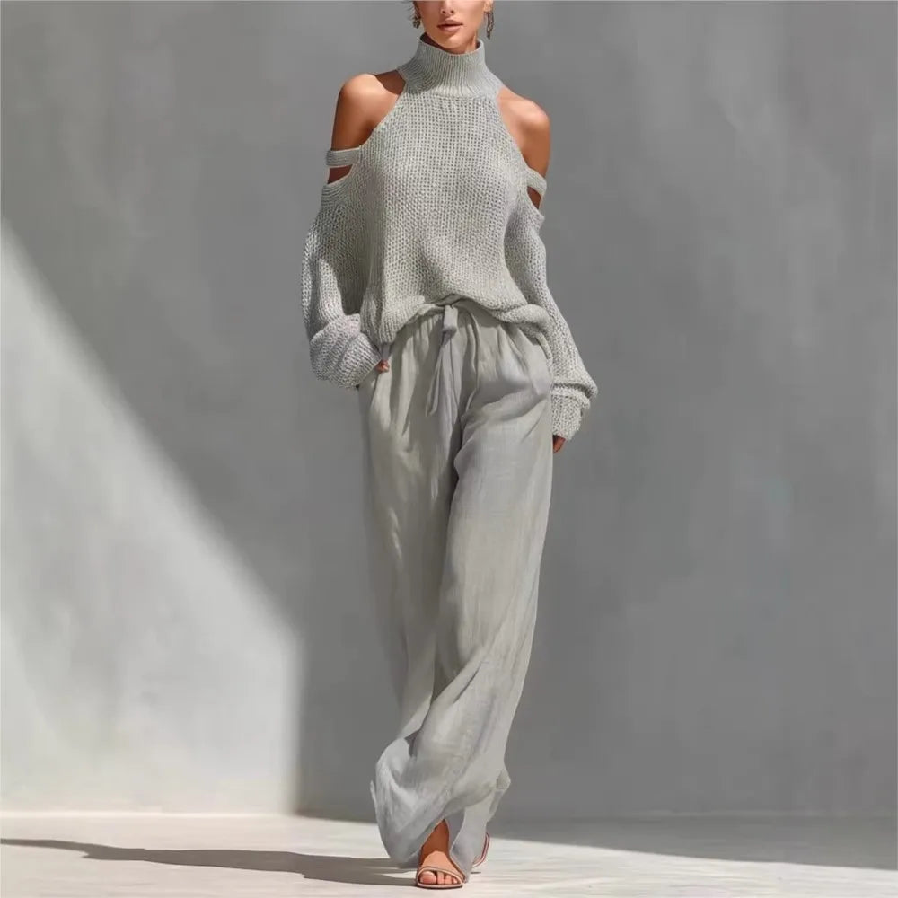 Women's Fashion High Collar Hollow Off-shoulder Women's Knitted Tops 2-piece Set Spring Casual Loose Wide-leg Trousers Female Suit