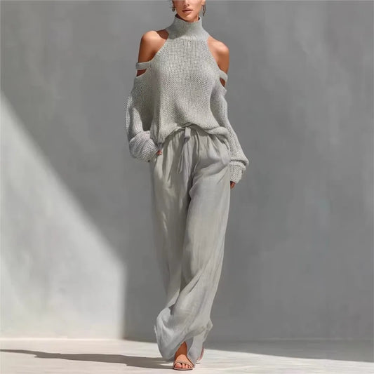 Women's Fashion High Collar Hollow Off-shoulder Women's Knitted Tops 2-piece Set Spring Casual Loose Wide-leg Trousers Female Suit
