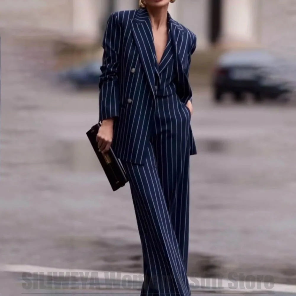 Navy Women's Double Breasted Striped 3 Piece Suits Blazer Vest Wide-Leg Pants Set Fashion Formal Party Office Casual Outfit