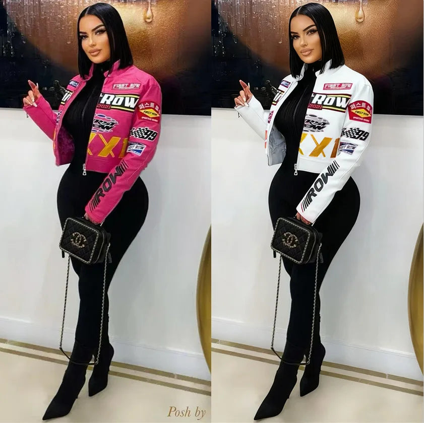 Women's PU Leather Printed Motorcycle Jacket Single Piece Fashionable Streetwear Comfortable Long Sleeve Fall Trendy