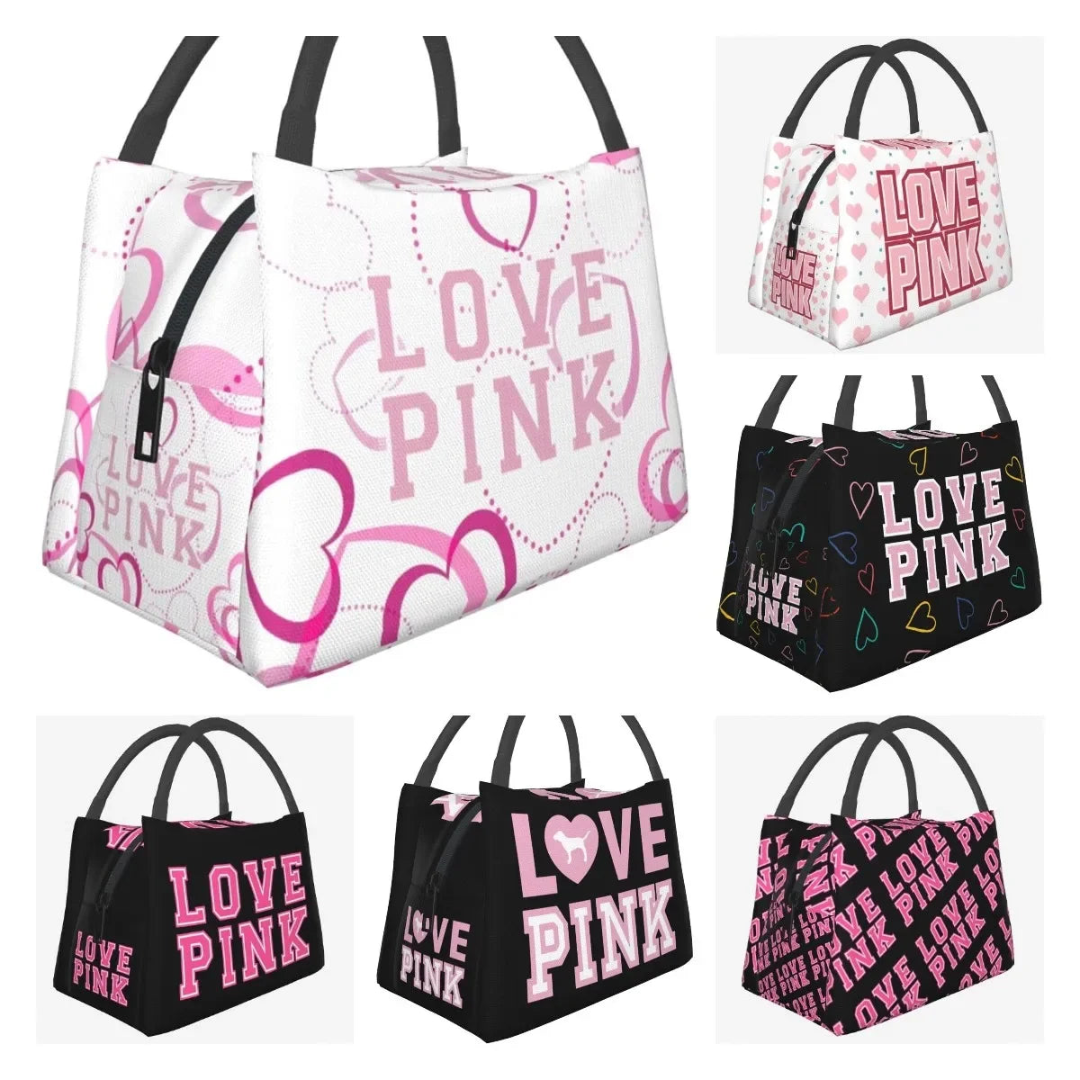 Women Love Pink Heart Insulated Lunch Bags Reusable Water-Resistant Bento Tote Box Portable Lunch Bags