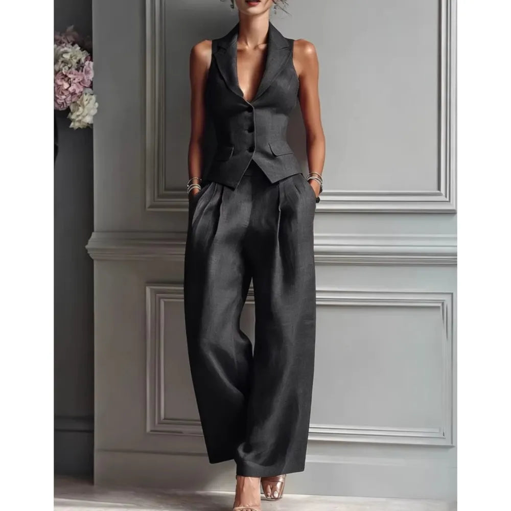 Women's Summer New Fashion Single-breasted Sleeveless Top + Trousers 2-piece Set Women's 2026 Slim Vest Suit Collar Trousers Office Suit