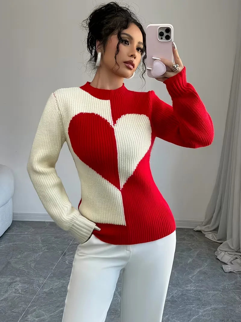 Women's Color-Block Heart Pattern Knitted Pullover for Autumn and Winter, Round Neck, Long-Sleeve, Casual and Versatile