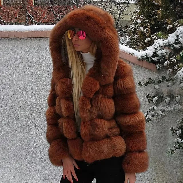 Women's Winter Fashion Hooded Fox Fur Jackets Loose Long Sleeves Female Eco Fur Coat Patchwork Plush Thick Lady Fur Coat