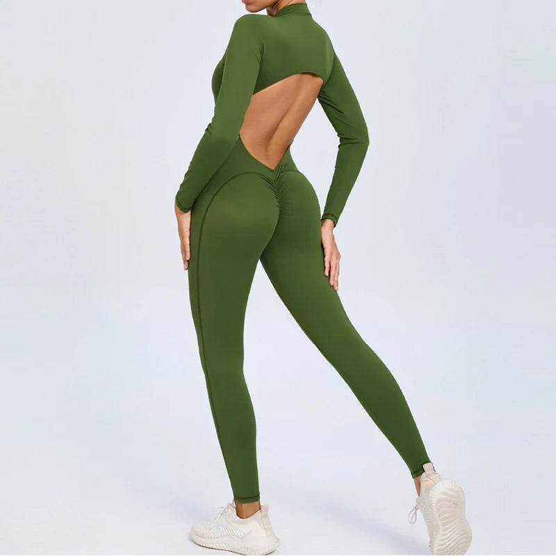Women's Back Sports Jumpsuit Yoga Clothes Rompers Women Long Sleeve Workout Backless One-piece Suit Female