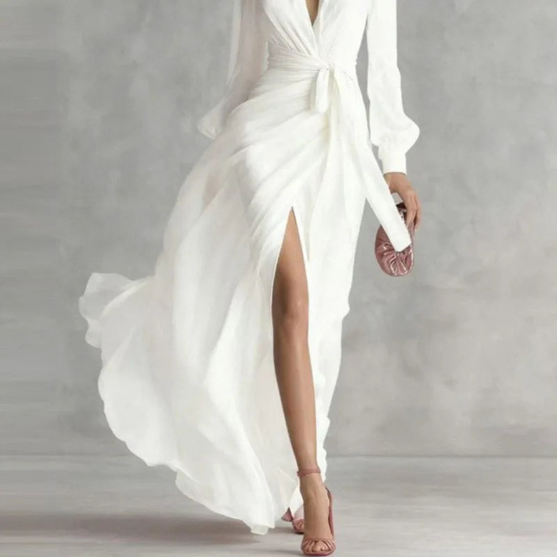 Elegant Deep V Neck Hollow Party Wrap Dresses Tie Waist High Slit Long Dress Femme Solid Long Sleeve Maxi Dress