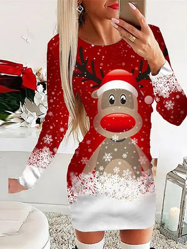 Women's Black White Snowflake Deer Pattern Dress Autumn Winter Long Sleeve Bodycon Mini Dress Elegant Red Christmas Dresses