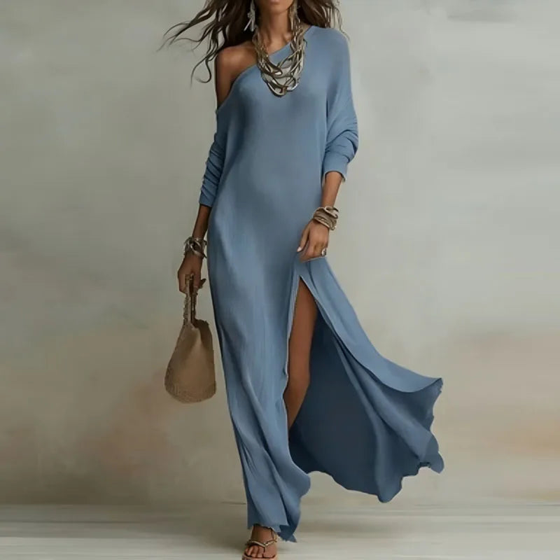Woman Spring One Shoulder Long Sleeve Dress Skew Collar Split Bohemian Dress Elegant Solid Slim Casual Maxi Dresses