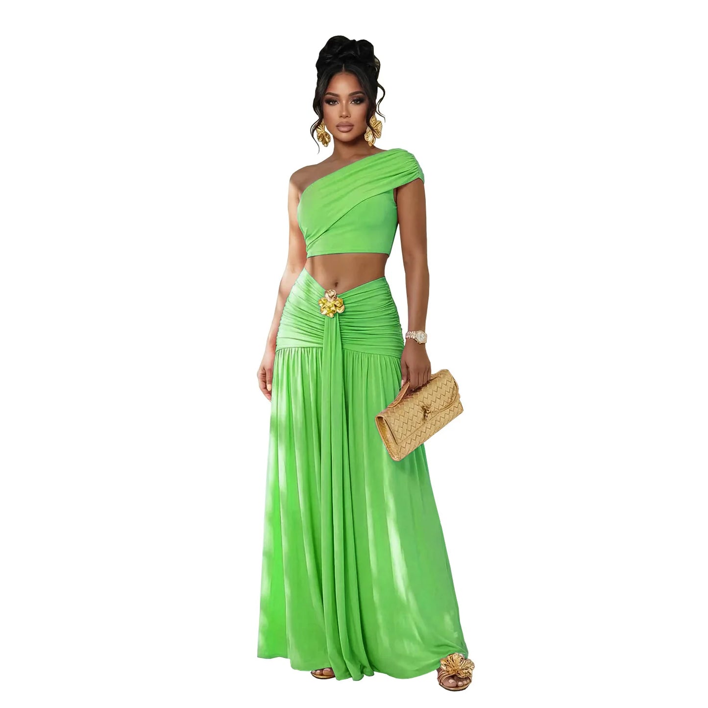 Women's Casual Off Shoulder Solid Color 2 Pieces Set Backless Crop Top + Skirt Matching