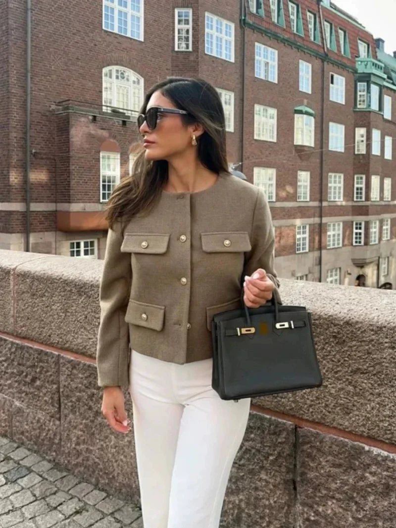 Women's Autumn/Winter Vintage Jackets crew neck gold button flip pocket embellishment short coat