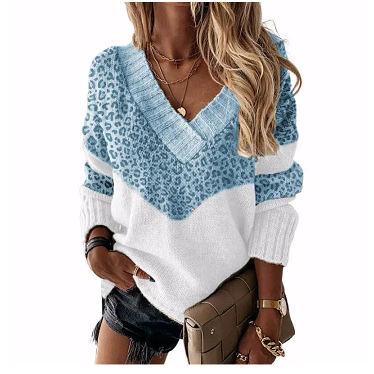 Women's Knitted V-neck Sweaters Stitching Contrast Color Long-Sleeved Knitting Top Pullover Autumn Winter Warm Female Jumper