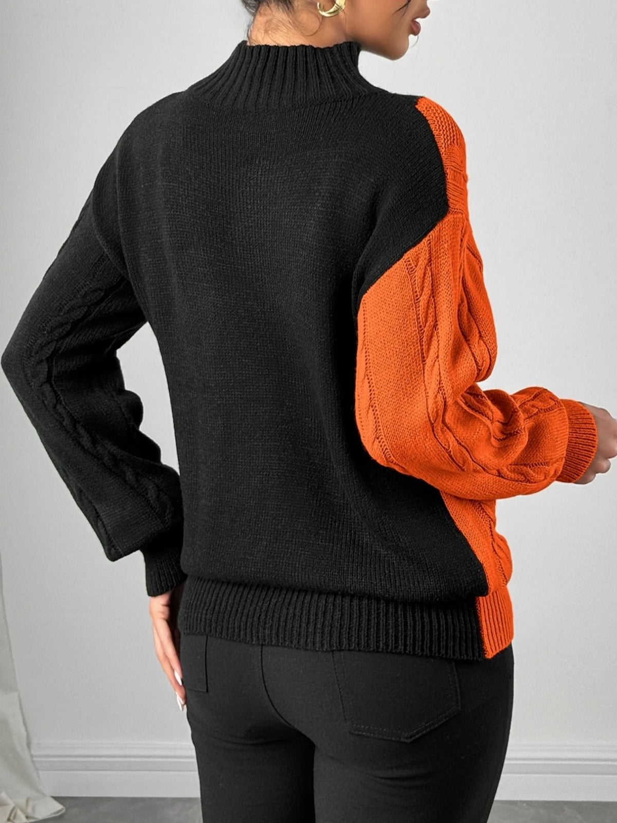 Women's Elegant Mock Neck Color Block Cable Knit Sweater Long Sleeve Knitwear Fashionable Casual Style