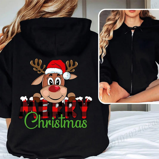 Women Men Oversize Merry Christmas Reindeer Print Zipper Hoodies Coat Tops Femme Zip Sweatshirts Christmas Party Jackets
