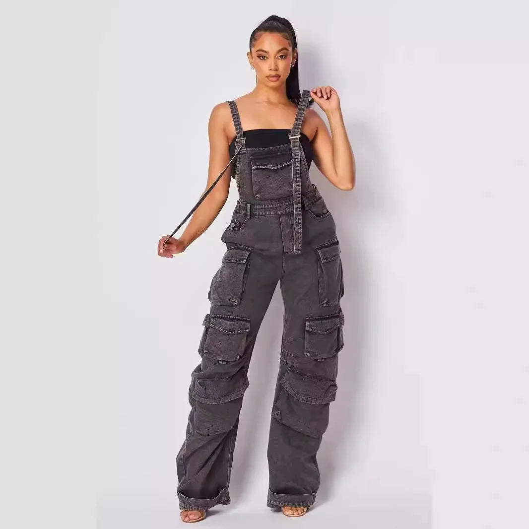 Fashionable Women's Jumpsuits with Adjustable Straps and Pockets, Loose Fit Denim Overalls All Seasons