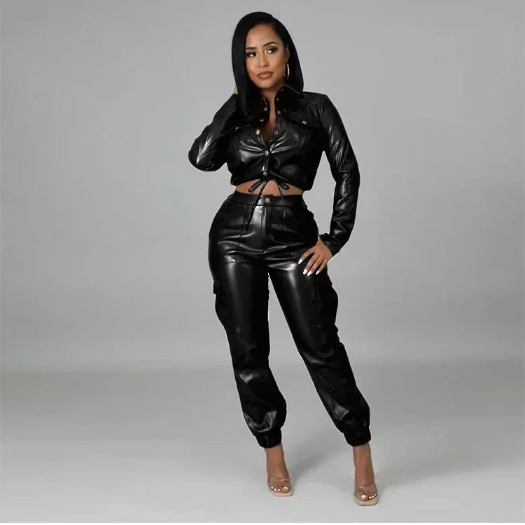 Women Two Piece Pants Sets Long Sleeve Hidden Breasted Solid Zipper Fly Pencil Pants Slim Fit High Street Pockets