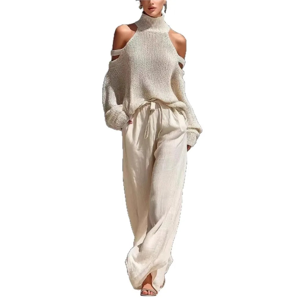 Women's Fashion High Collar Hollow Off-shoulder Women's Knitted Tops 2-piece Set Spring Casual Loose Wide-leg Trousers Female Suit