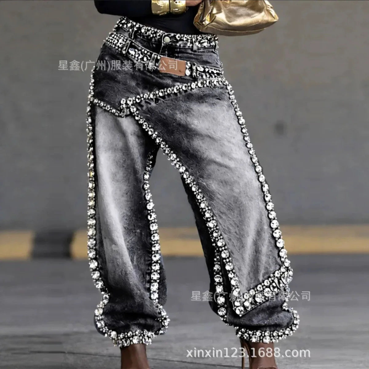 Women Wide Leg Rhinestone Denims Jeans Distressed Washed Full Length Vintage Asymmetrical Trousers Y2k Streetwear 2026