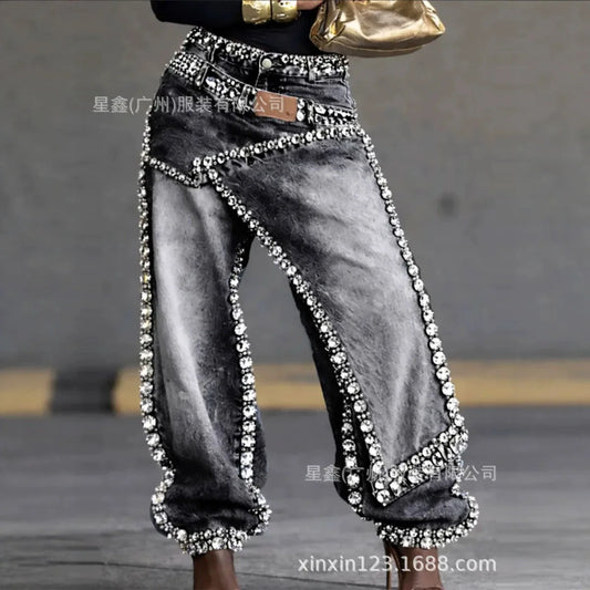 Women Wide Leg Rhinestone Denims Jeans Distressed Washed Full Length Vintage Asymmetrical Trousers Y2k Streetwear 2026