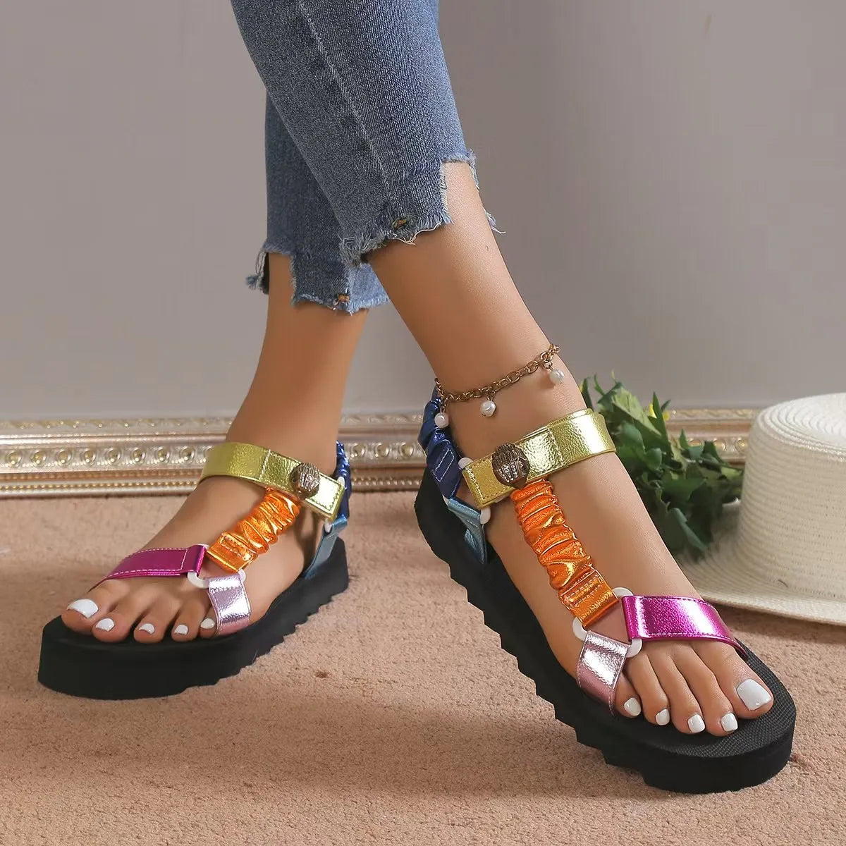 Women's Summer Sandals Flat Shoes Hemp Rope Set Foot Beach Sandals Outdoor All-match Casual Slippers Sandals