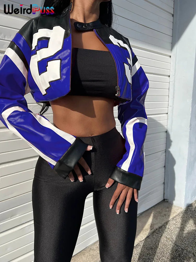 Women's Casual Faux Leather Varsity Jacket Hipster Letter Print Autumn Sporty Wild Streetwear Trend Crop Coat