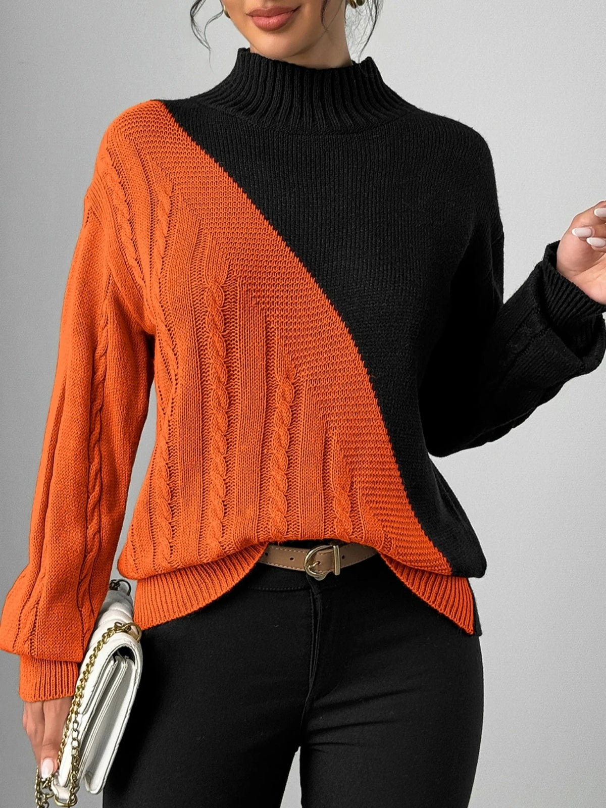 Women's Elegant Mock Neck Color Block Cable Knit Sweater Long Sleeve Knitwear Fashionable Casual Style