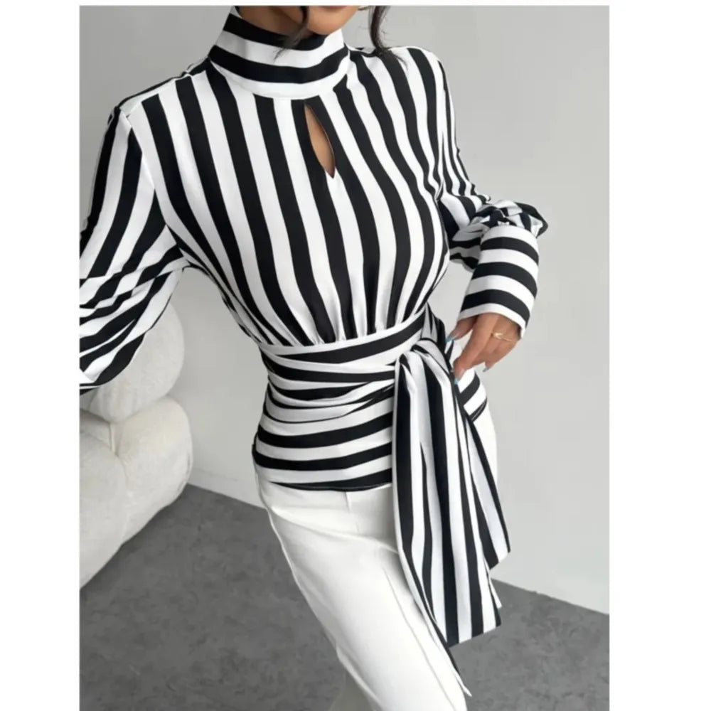 Women's Fashion Trendy  Black White Contrast Striped Shirt Autumn New Retro Scarf Collar Long-sleeved Elegant Female Pullover Shirt