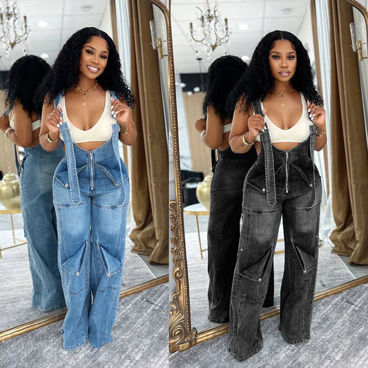 Women's Loose High Waisted Zip Denim Overalls Women Clothes Multi Pockets Cargo Jeans Trousers Casual Wide Leg Jumpsuits