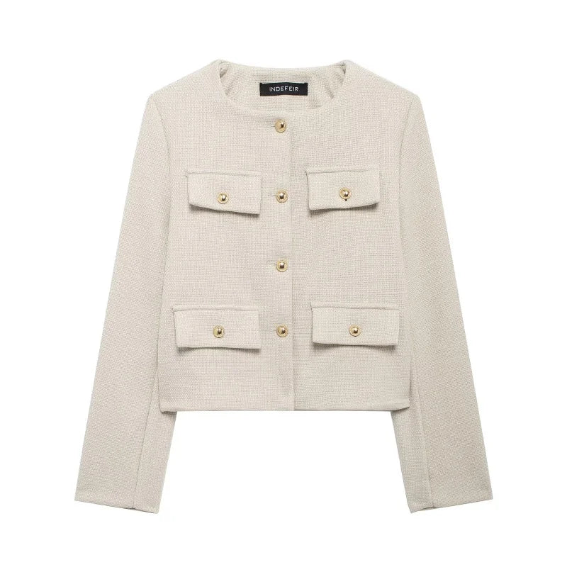 Women's Autumn/Winter Vintage Jackets crew neck gold button flip pocket embellishment short coat