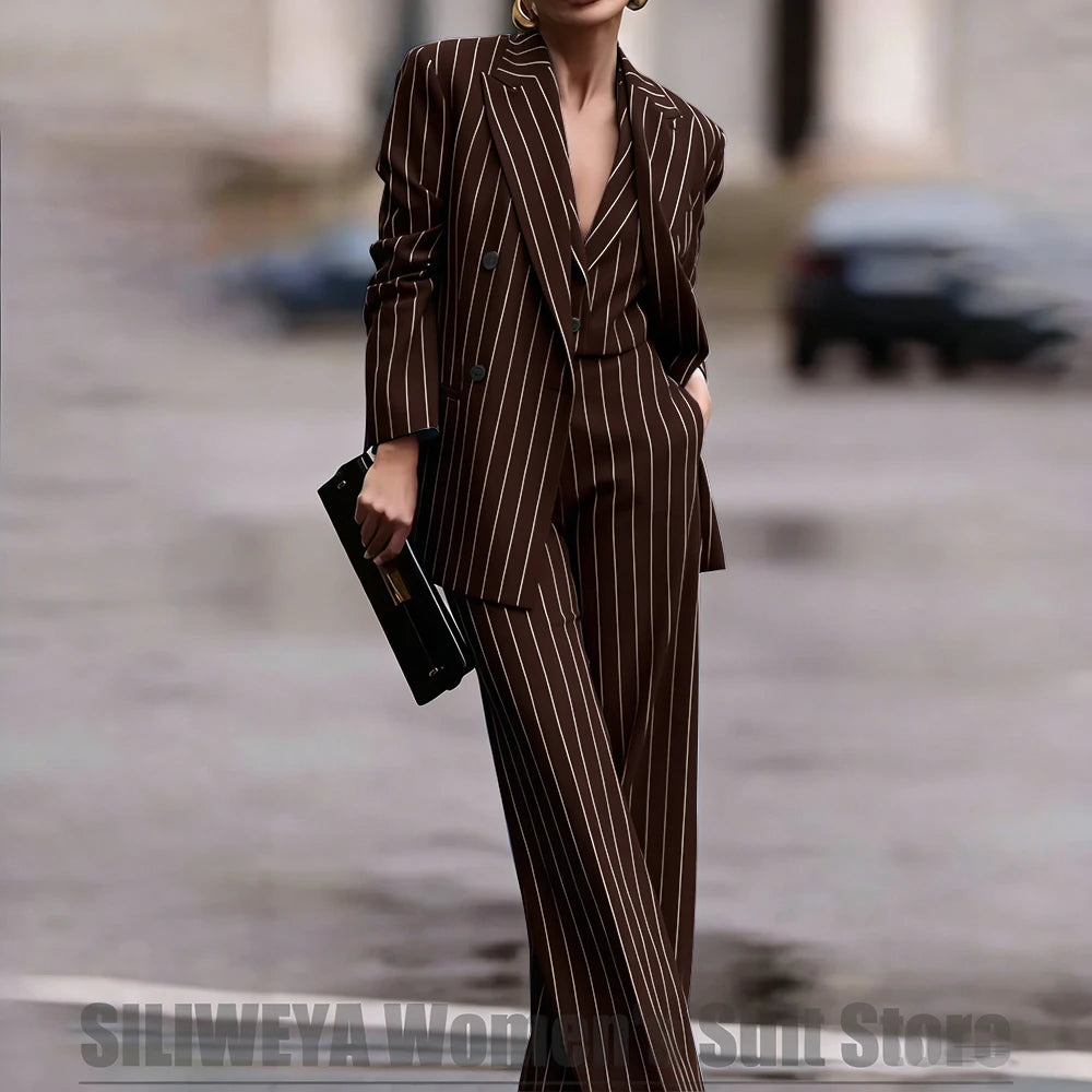Navy Women's Double Breasted Striped 3 Piece Suits Blazer Vest Wide-Leg Pants Set Fashion Formal Party Office Casual Outfit