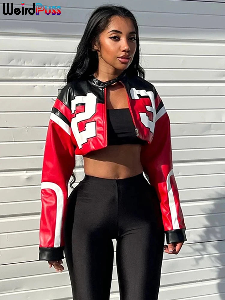 Women's Casual Faux Leather Varsity Jacket Hipster Letter Print Autumn Sporty Wild Streetwear Trend Crop Coat