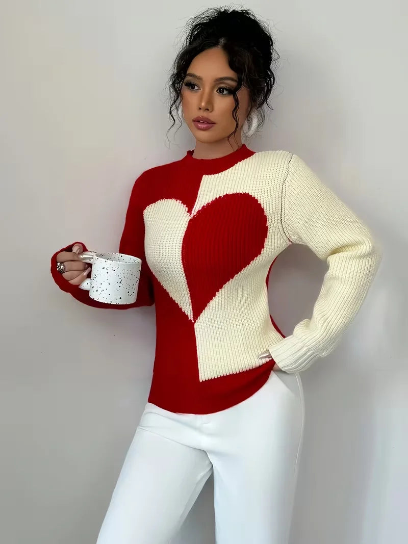 Women's Color-Block Heart Pattern Knitted Pullover for Autumn and Winter, Round Neck, Long-Sleeve, Casual and Versatile