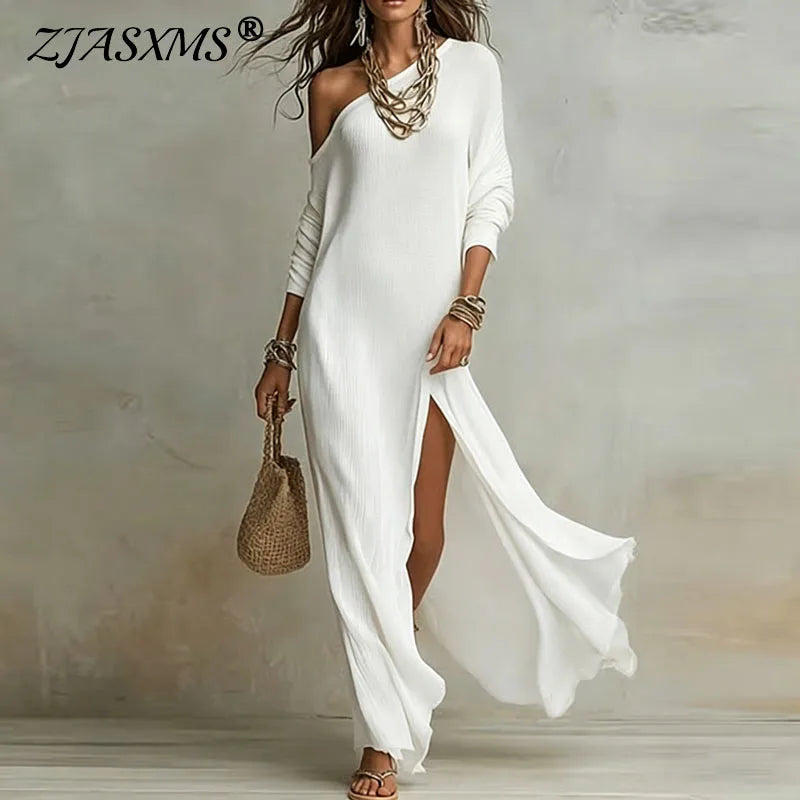 Woman Spring One Shoulder Long Sleeve Dress Skew Collar Split Bohemian Dress Elegant Solid Slim Casual Maxi Dresses