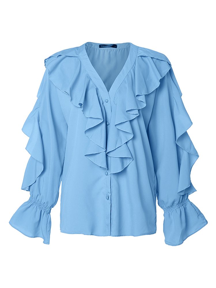 Women Elegant Ruffles Fashion Blouses V neck Tops Long Sleeve Flare Cuff Fashion Blouses