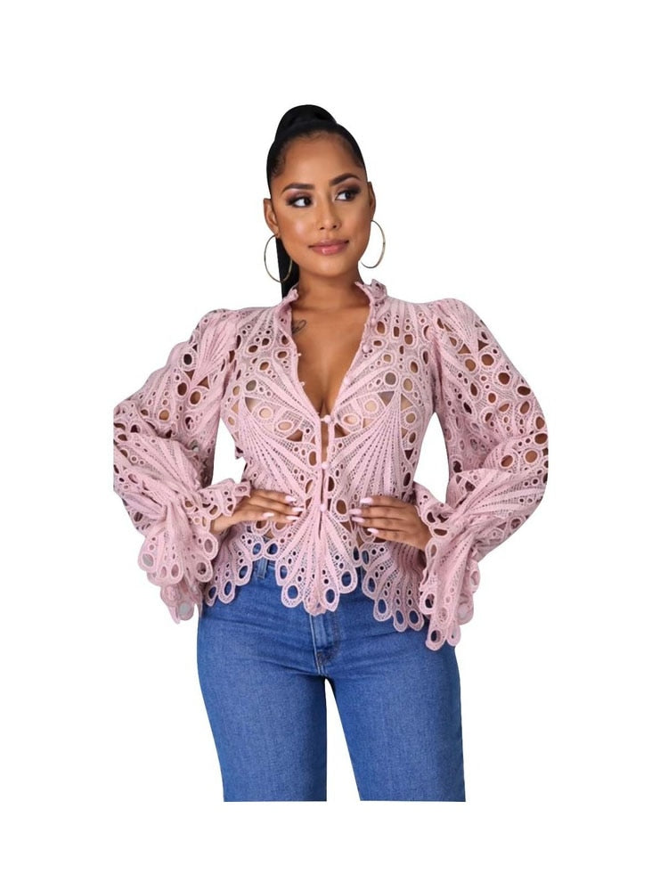 Women Casual Lantern Long Sleeve Stand Collar Shirts Sexy Lace Hollow Out Short Blouse