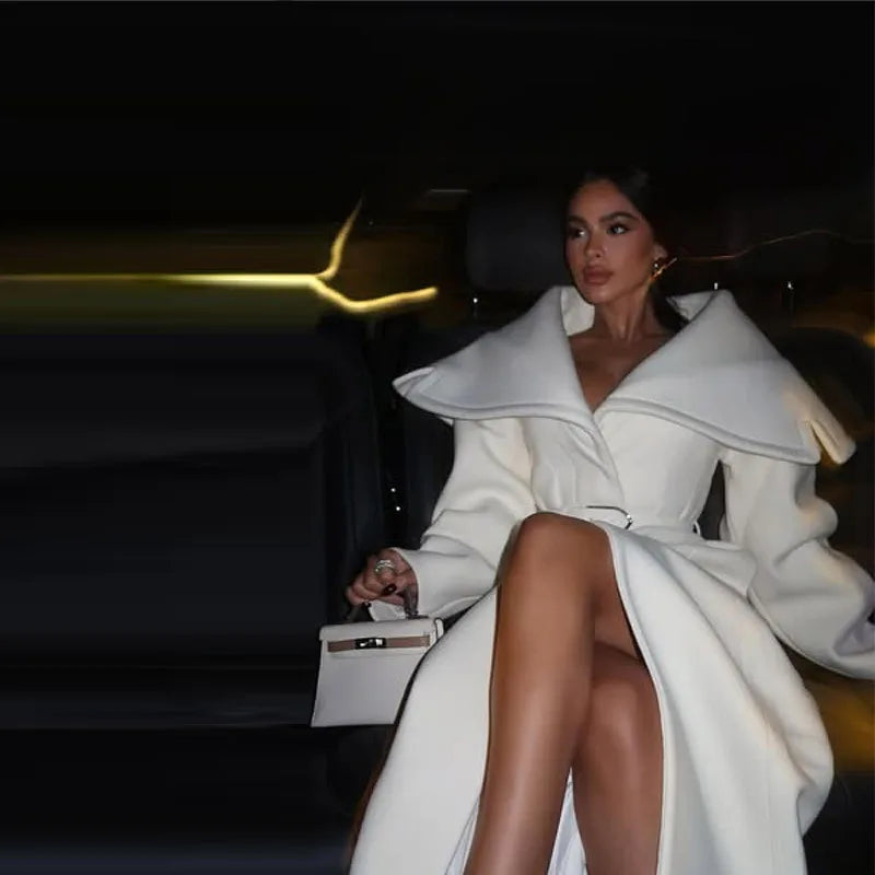 Women Stylish Elegant Woolen Belted Coat High-end Office Ladies Sophisticated Modest Trendy Long Outerwear