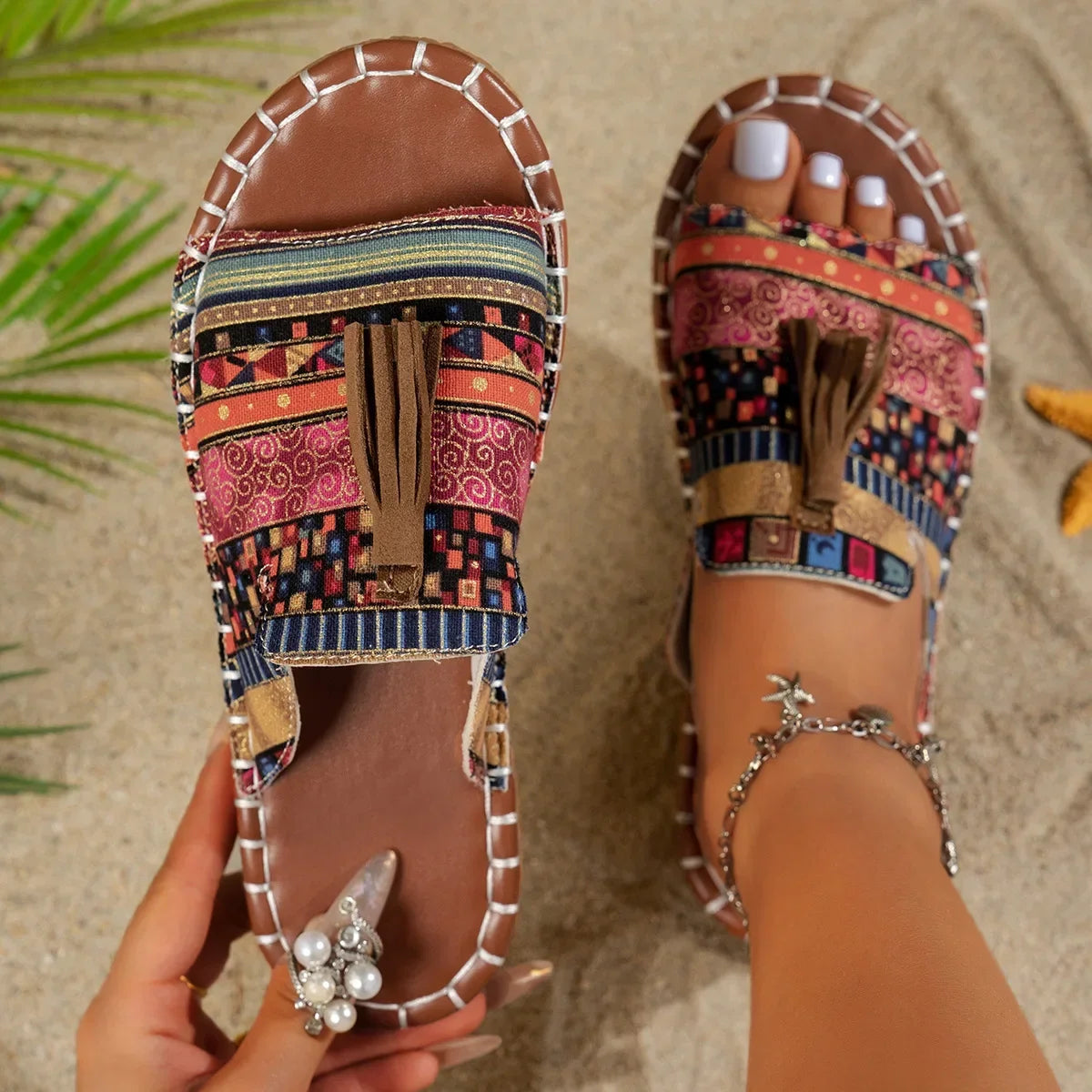 Women's Bohemian Beach Sandals Flat Bottom Slippers Outdoor Summer New Tassel Large Size Cross-Border Slippers for Adults